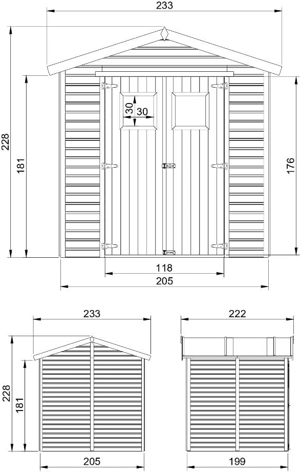 Abri de Jardin en Bois Naturel - Stockage extérieur avec fenêtres H228x222x233 cm/4,2 m² Hangar en Bois Naturel - Atelier Rangement Outils et vélos- karaca-alisveris M351
