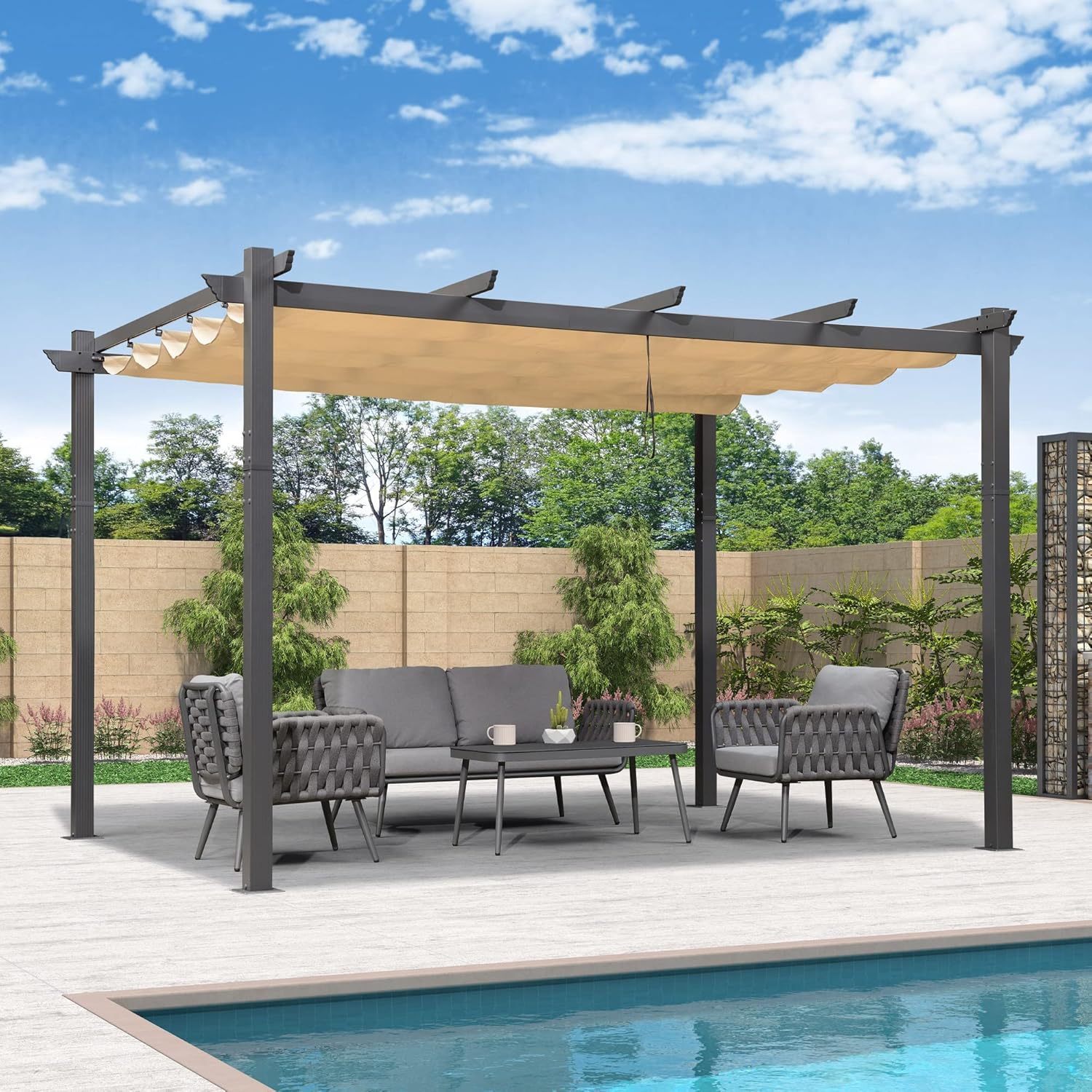karaca-alisveris - pergola aluminium série - 4x3,2m - toile teintée, toit coulissant, kaki