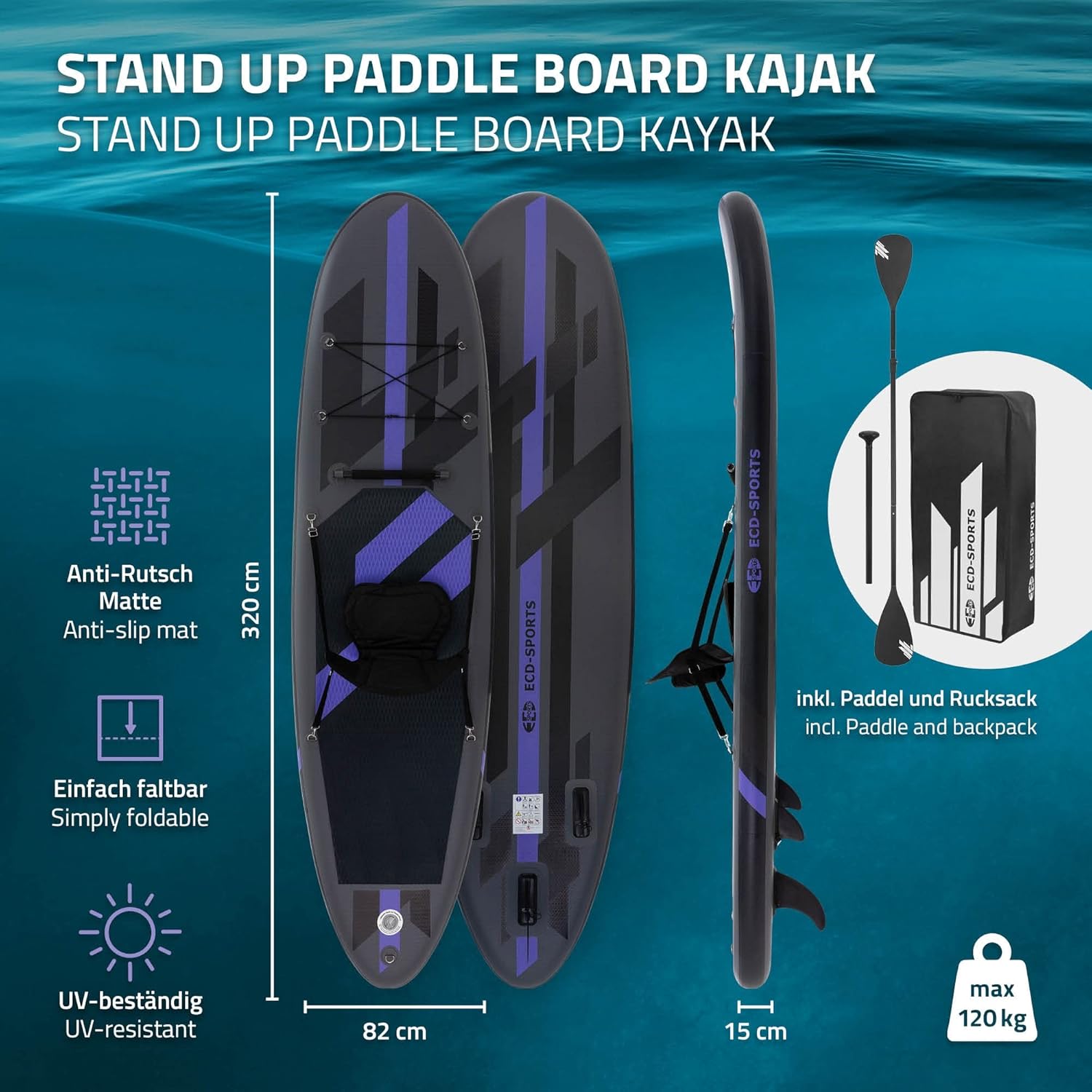 karaca-alisveris - Stand Up Paddle Gonflable - 305/308/320/380 cm - PVC, 120/150 kg, 10/15 cm