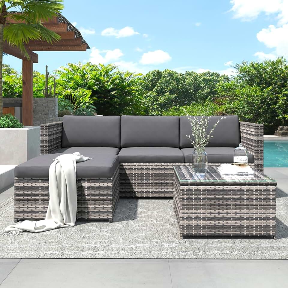 karaca-alisveris - Salon de jardin 3 places  - rotin, coussins, table verre, gris