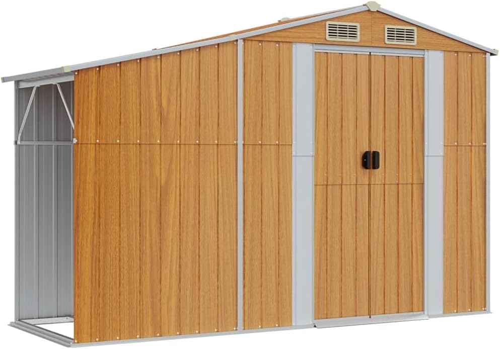 Abri de jardin marron clair 277 x 192,5 x 179 cm en acier galvanisé avec support pour bois de chauffage et 4 ouvertures d'aération pour outils de jardin et équipements