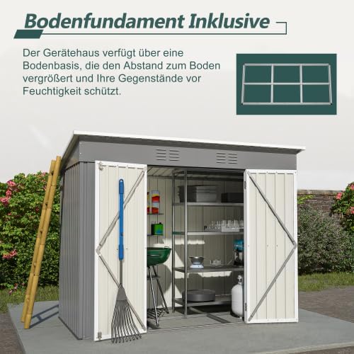 Abri de jardin en métal - 2,4 x 1,2 m - Gris - Résistant aux intempéries - Verrouillable avec base en métal - Pour outils de jardin et terrasse extérieure