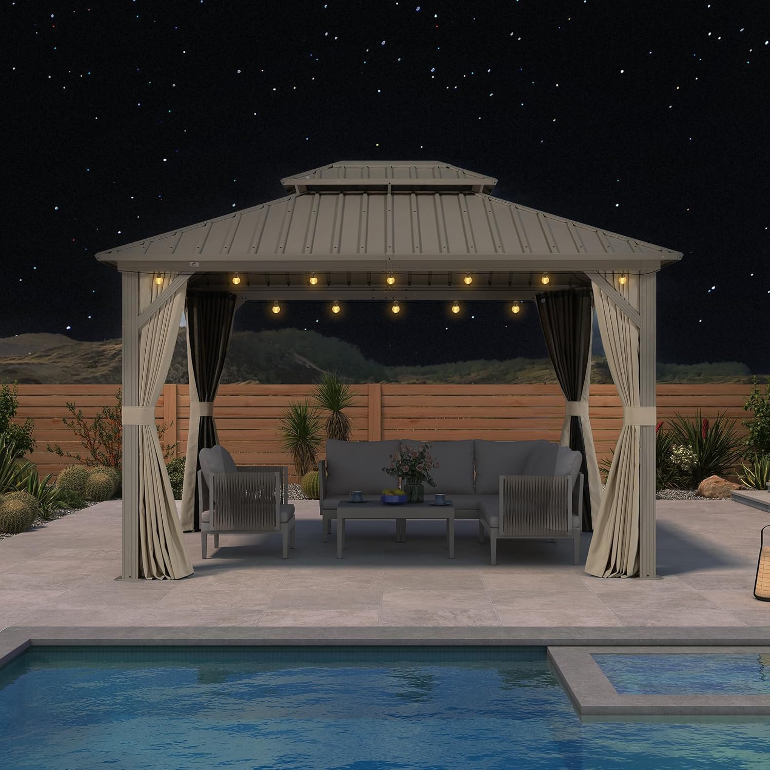 karaca-alisveris Tonnelle de Jardin Extérieur 3,65 x 3 m avec Éclairage Extérieur, Pergola Aluminium à Toit Rigide en Acier Galvanisé, Pavillon Imperméable pour Camping, Fête, Barbecue, Champagne