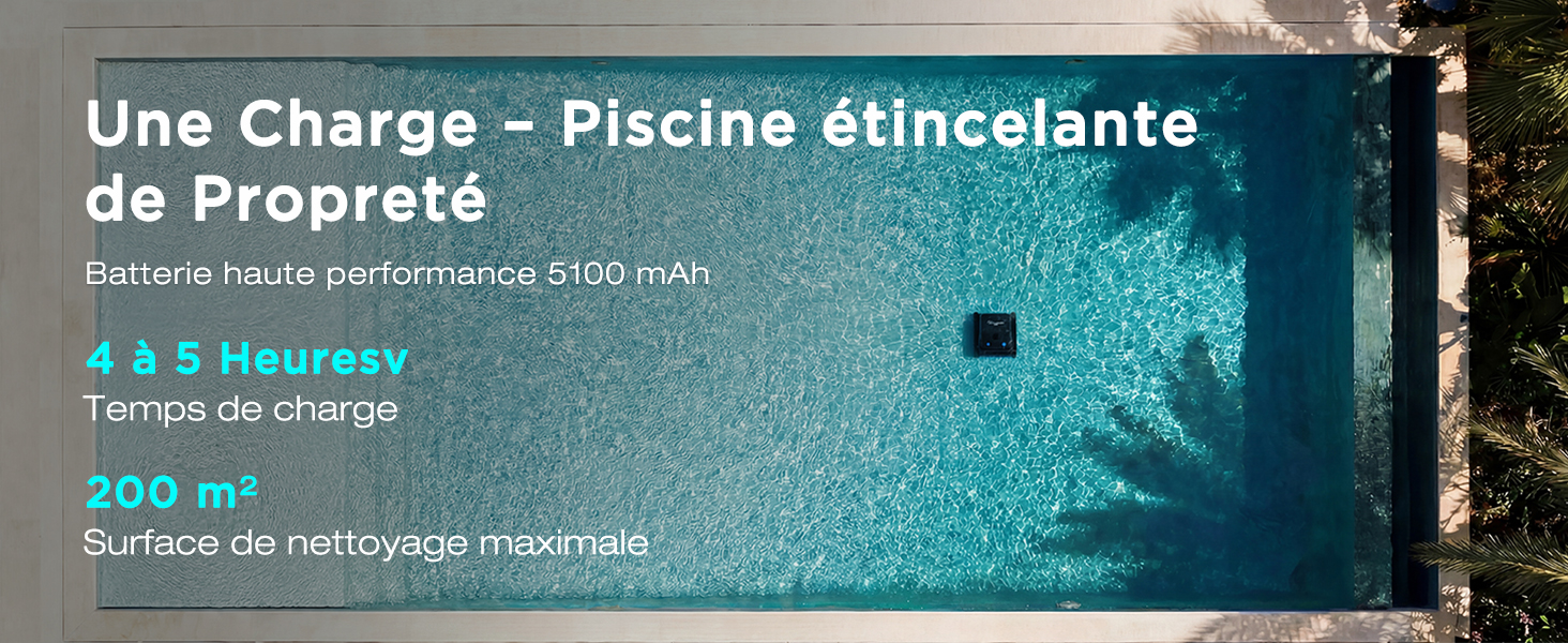 Le texte se lit comme suit : « Une Charge - Piscine étincelante de Propreté, 4 à 5 Heures, Temps de charge, 200 m² ». Piscine aux eaux bleues cristallines et surface carrelée.