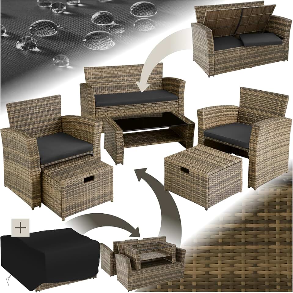 karaca-alisveris - Ensemble salon de jardin 6 places - poly rotin, coussins épais, table basse, marron naturel