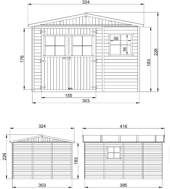 ABRI de Jardin en Bois Exterieur avec Les PLANCHERS IMPRÉGNÉ - en Pin/épicéa- H226x324x416 cm/12 m²- Construction de Panneaux- Rangement pour vélos, Remise à Outils- karaca-alisveris M336+M336G