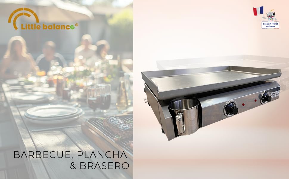 Le texte indique « my balance » et « BARBECUE, PLANCHA & karaca-alisveris ». Image divisée montrant une scène de repas et une plaque de cuisson à plaque chauffante/plancha en acier inoxydable avec poignées.
