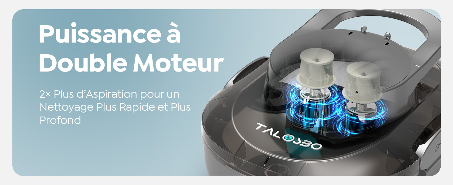 Le texte indique « Puissance à Double Moteur ». Image du produit montrant un appareil d'aspirateur avec plusieurs sections illuminées en bleu et des schémas techniques.