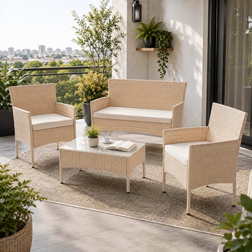 karaca-alisveris - Fort Myers - ensemble 4 places en résine tressée, canapé 2 places, fauteuils, table, coussins, mobilier extérie