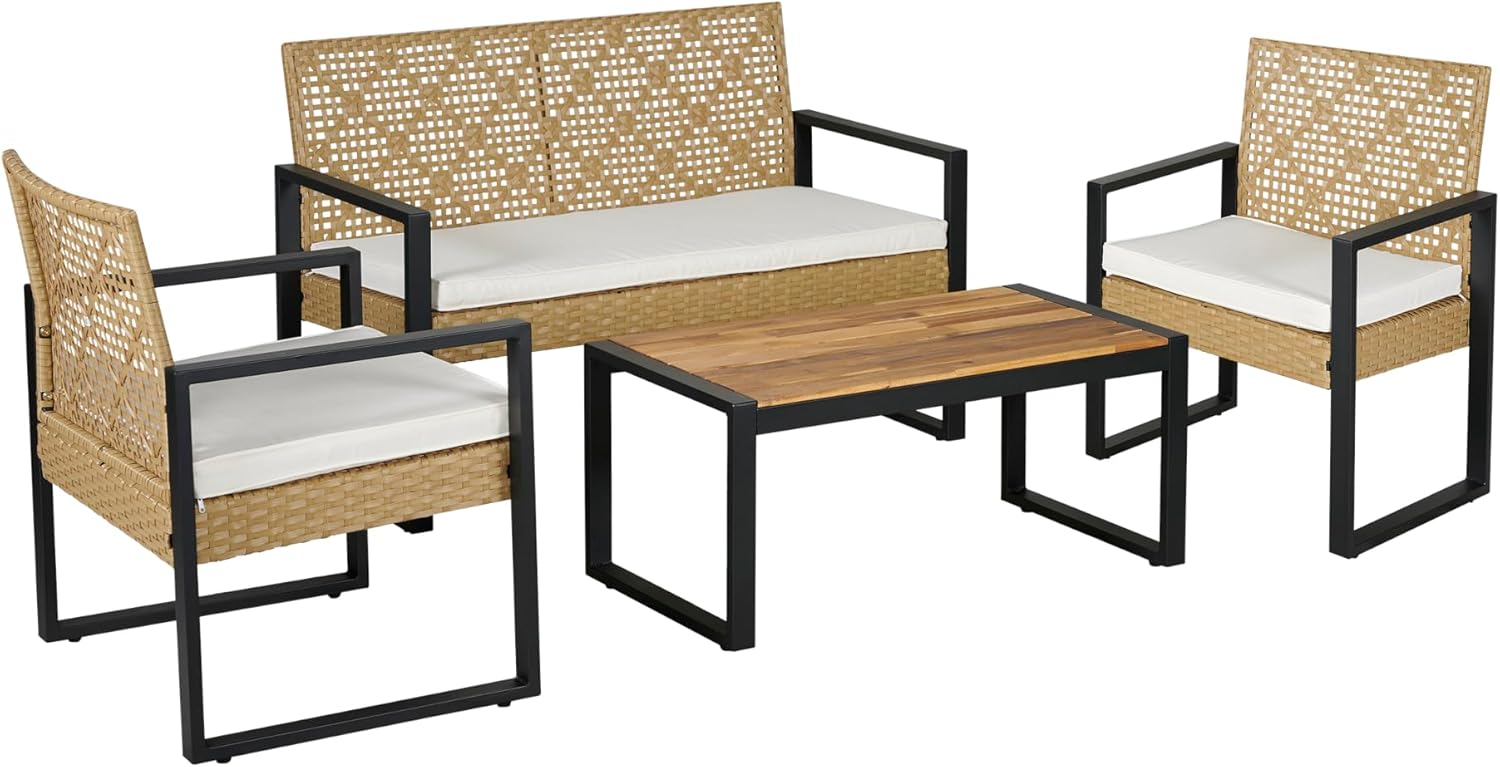 karaca-alisveris - Salon de jardin 4 pièces, acier/acacia, 2 chaises + banc, beige/naturel