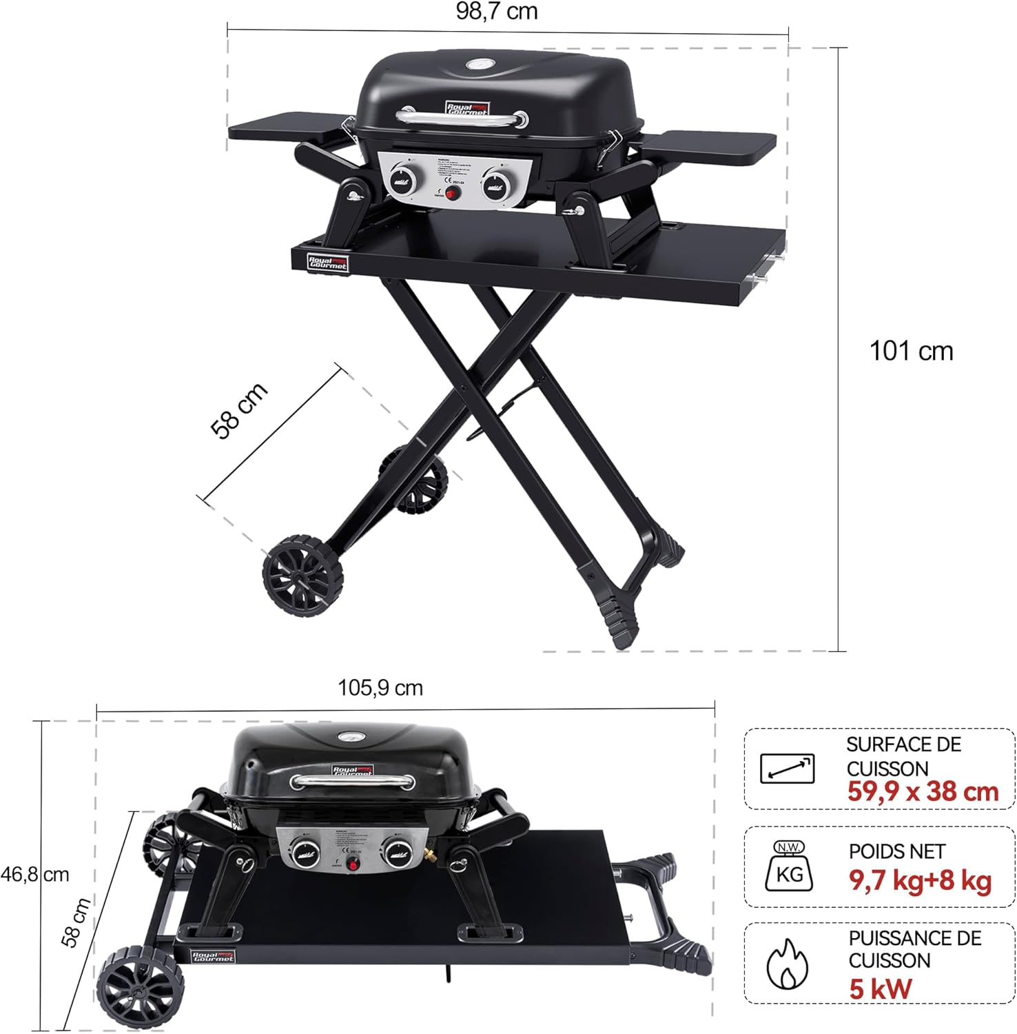 karaca-alisveris - barbecue gaz portable - 48x37 cm - 2 brûleurs, tables pliantes, chariot détachable, 5kW
