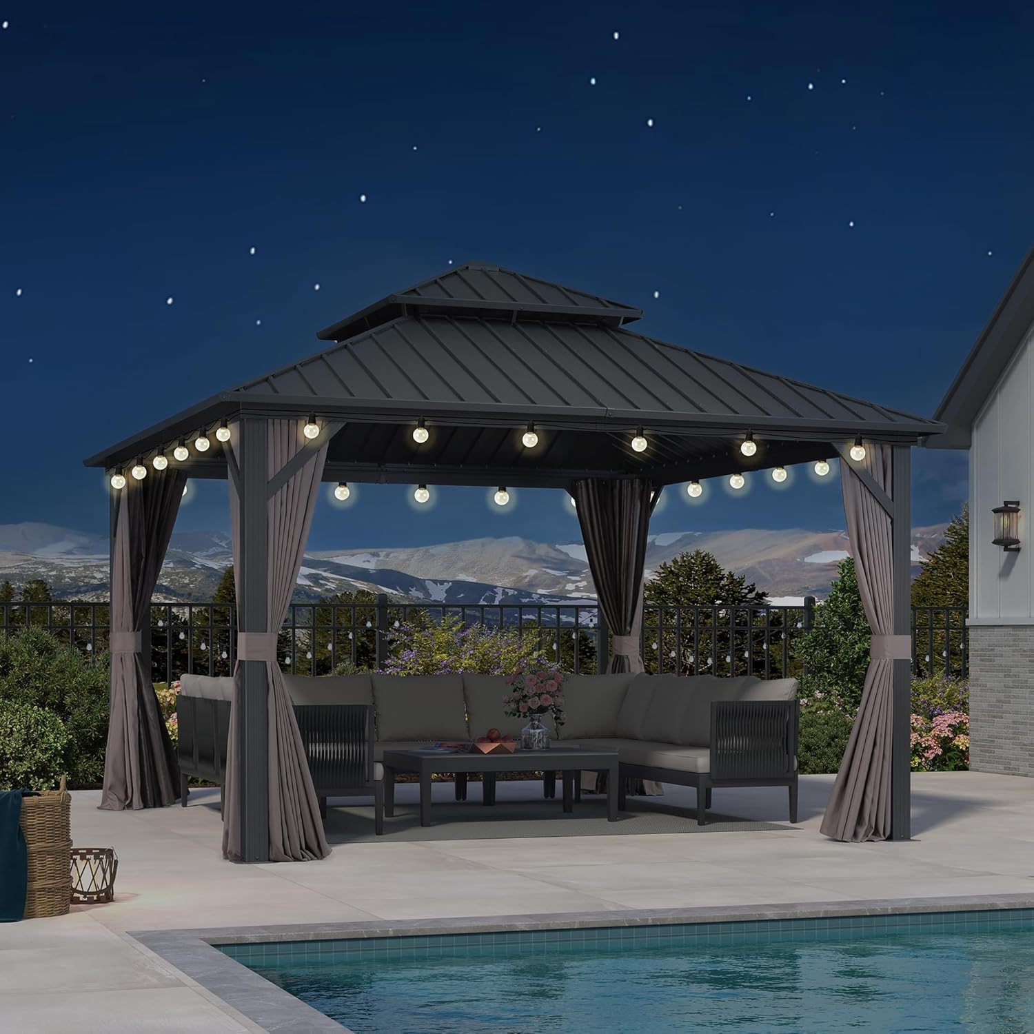 karaca-alisveris Tonnelle de Jardin Extérieur 3,65 x 3,65 m avec Guirlande Lumineuse, Pavillon Aluminium à Double Toit en Acier Galvanisé, Pergola Jardin Extérieur avec Rideaux pour Fête, Barbecue, Gris
