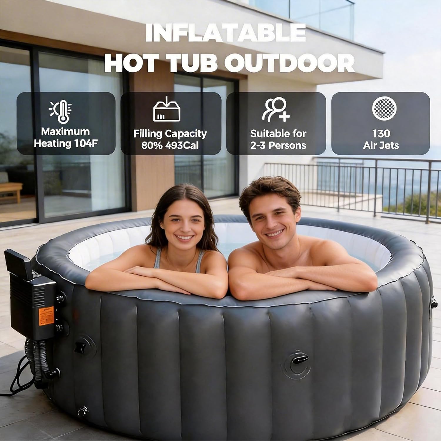 Spa Gonflable 3-4 Personnes, Grand Ensemble Spa Extérieur 180 X 71 Cm, avec 150 Jets De Bulles, Chauffe Jusqu'à 42°c/104°f, avec Filtration par Recirculation, pour Maison
