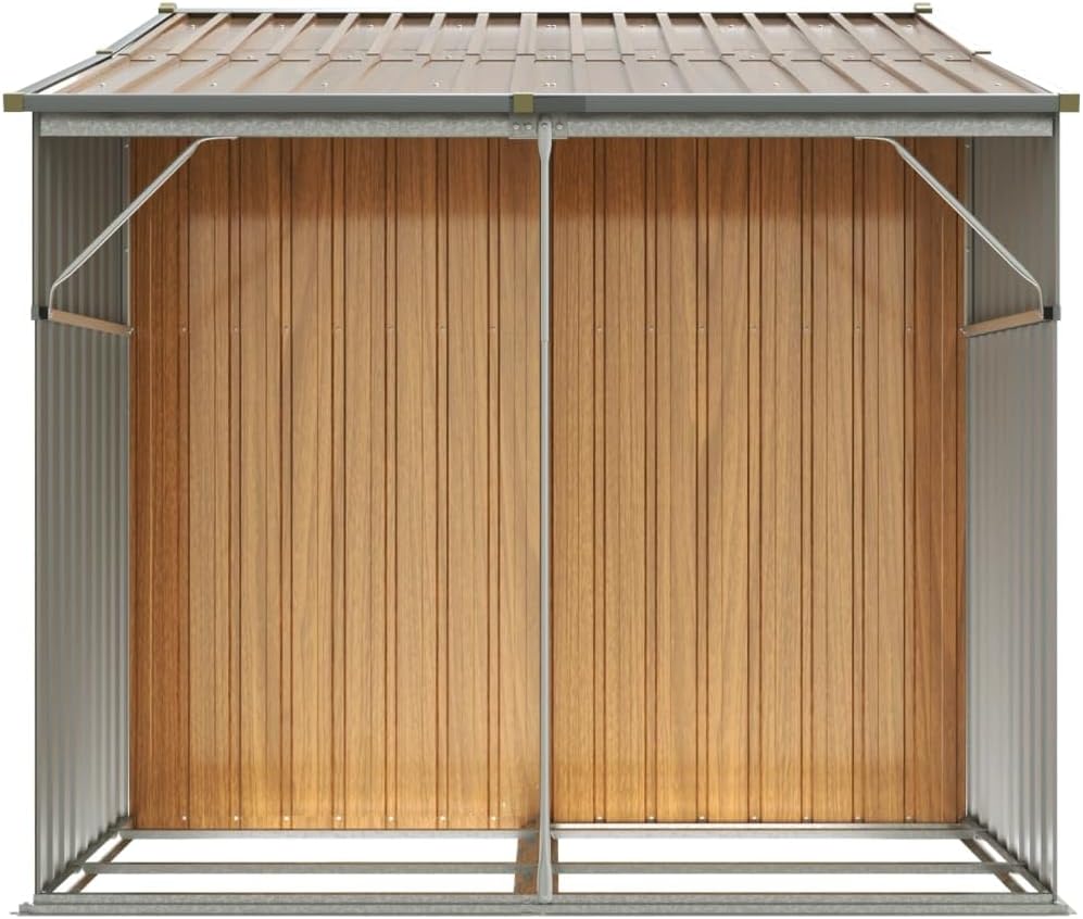 Abri de jardin marron clair 277 x 192,5 x 179 cm en acier galvanisé avec support pour bois de chauffage et 4 ouvertures d'aération pour outils de jardin et équipements