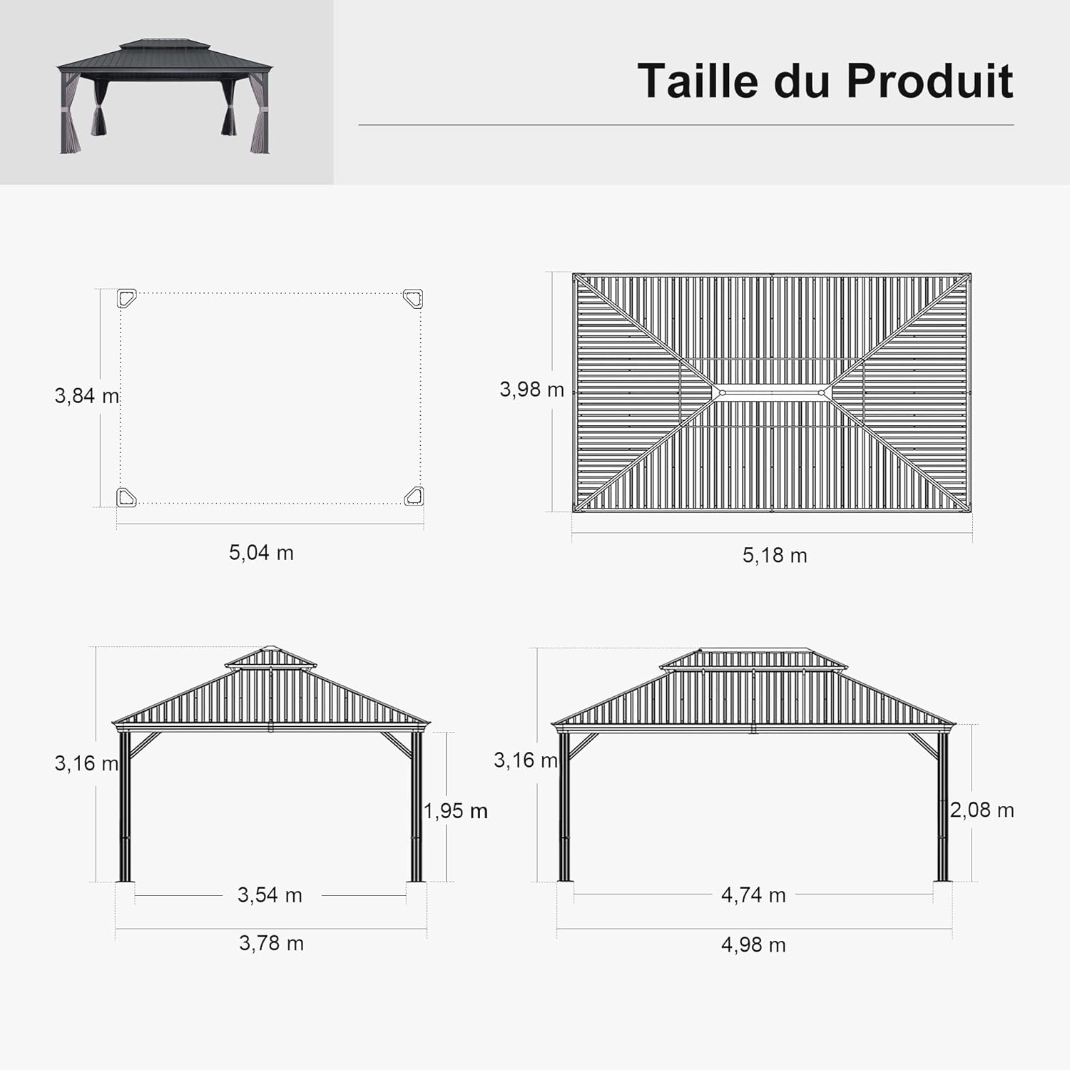 Pergolat double toit 5,2x4m rideaux moustiquaire acier