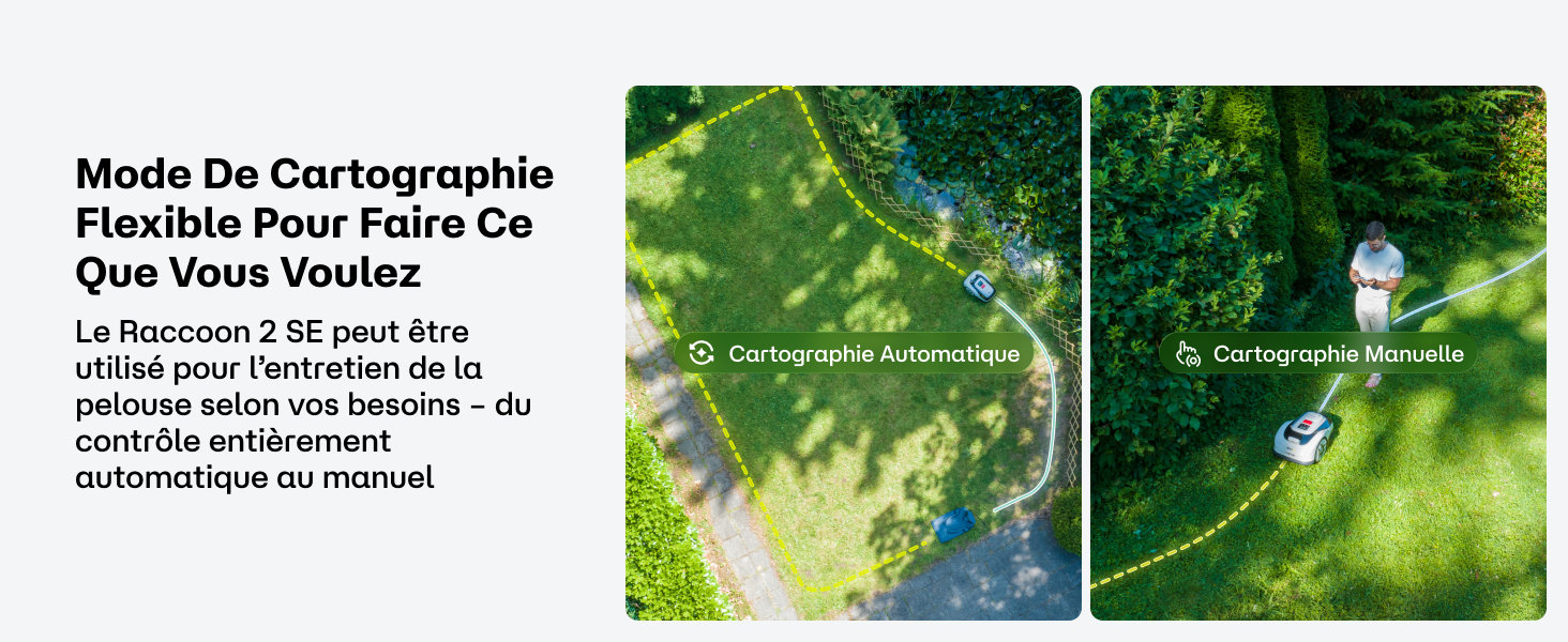 Le texte se lit comme suit : « Mode De Cartographie Flexible Pour Faire Ce Que Vous Voulez ». Série de scènes de nature teintées de vert illustrant la fonctionnalité de cartographie.