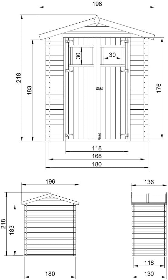 Abri de Jardin en Bois avec Sol TRAITÉ - Stockage extérieur I196xL136xH218 cm/ 1.98 m2 Petit abri à Outils, Local à vélos - Toit imperméable, fenêtres - karaca-alisveris M367
