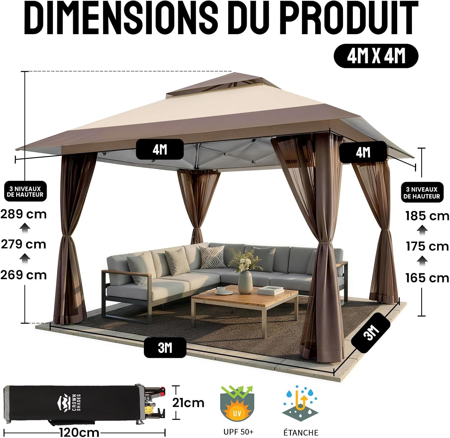 karaca-alisveris Tonnelle de Jardin 4 x 4 m, Pop Up Gezebo Exterieur Imperméable, Abri de Jardin Réglable en Hauteur, Double Toit avec Côtés en Maille Zippée, Sac de Transport, Beige