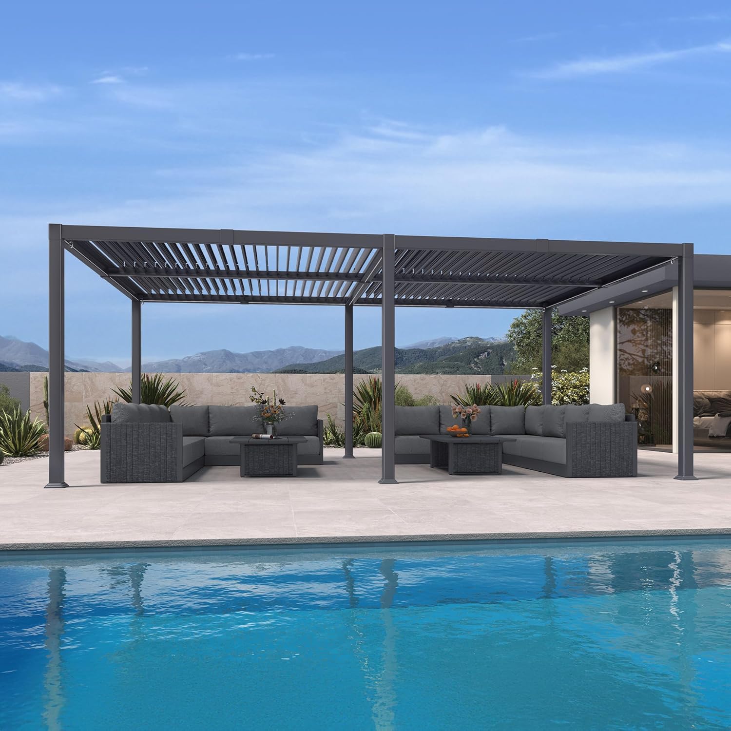 karaca-alisveris - Pergola bioclimatique - 4x6m - alu lames LED gris