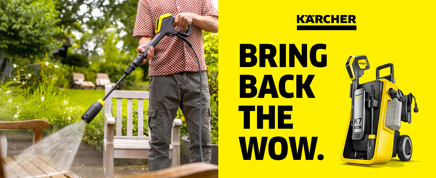 Le texte se lit comme suit : « karaca-alisveris », « RAMENER », « RETOUR », « WOW ». Images de campagnes marketing montrant des activités de nettoyage en extérieur avec des nettoyeurs haute pression dans le jardin.