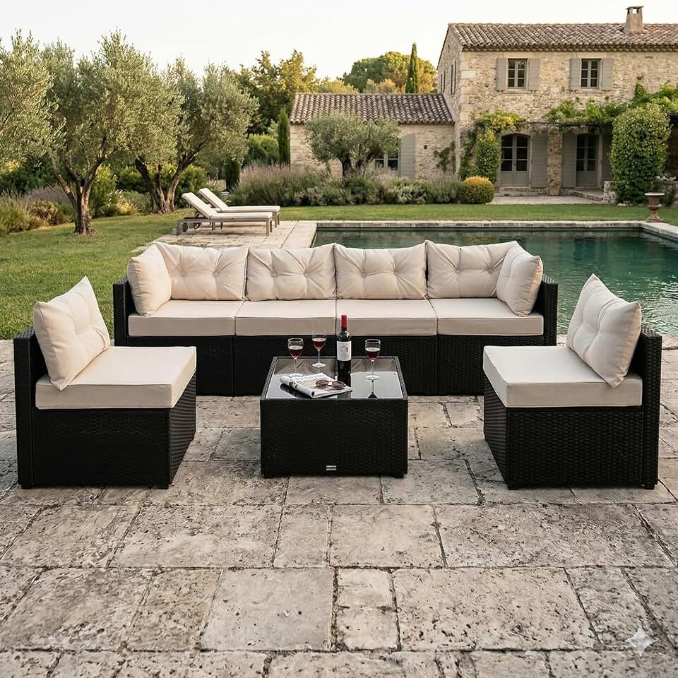 karaca-alisveris - NACULA - Salon de jardin 5 places, résine tressée, coussins beige, table basse verre, extérieur