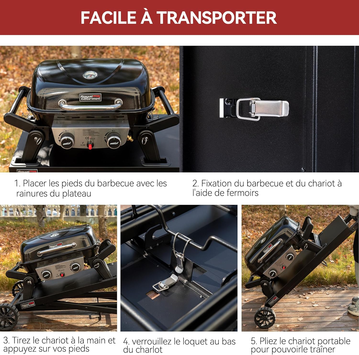 karaca-alisveris - barbecue gaz portable - 48x37 cm - 2 brûleurs, tables pliantes, chariot détachable, 5kW