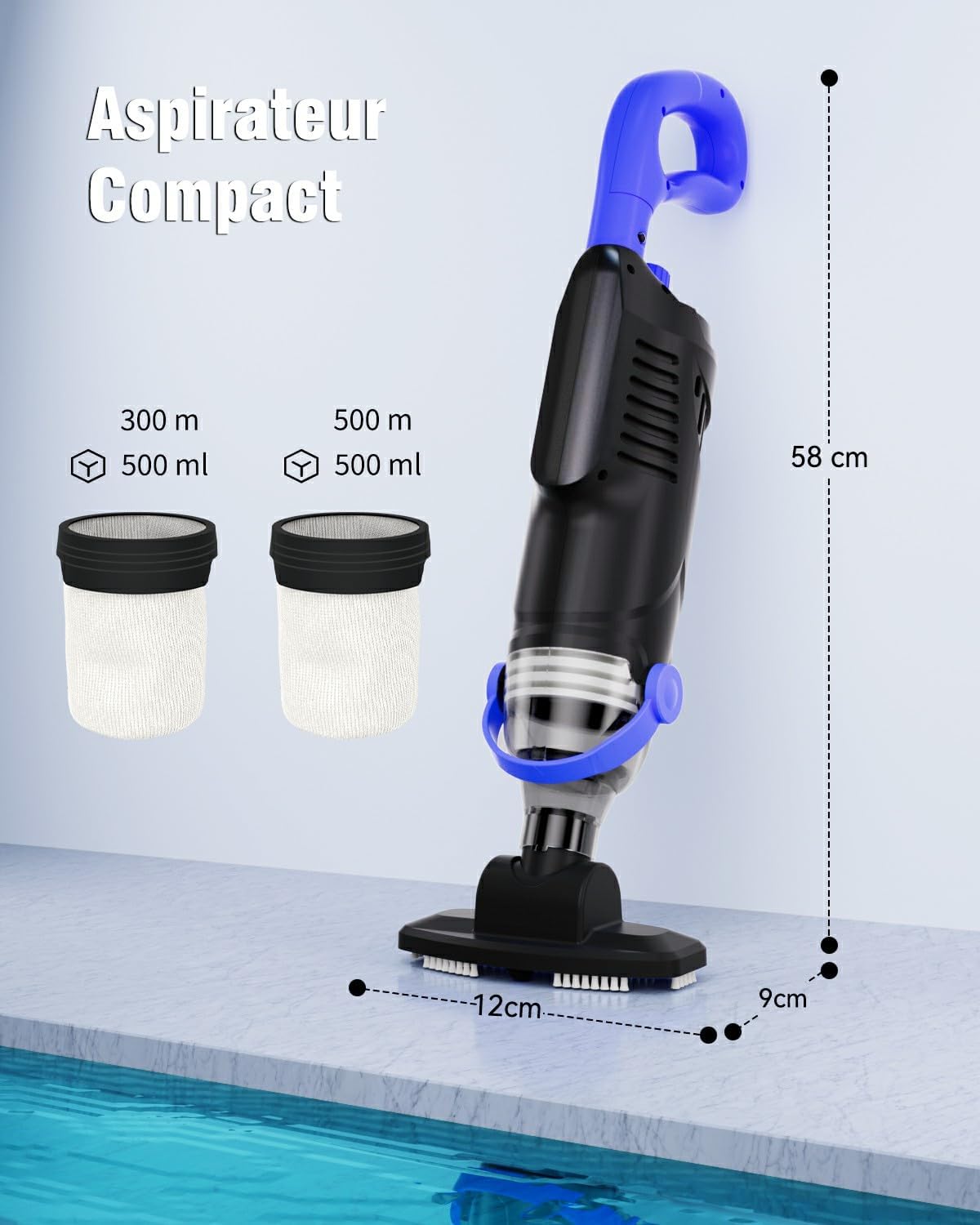 Aspirateur piscine sans fil - 4100 L/h - 36,8 kPa - 60 min, 2 filtres