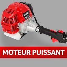 Unité moteur d'outil électrique rouge vif avec attache de transmission argentée et poignée noire, étiquetée « Moteur Puissant