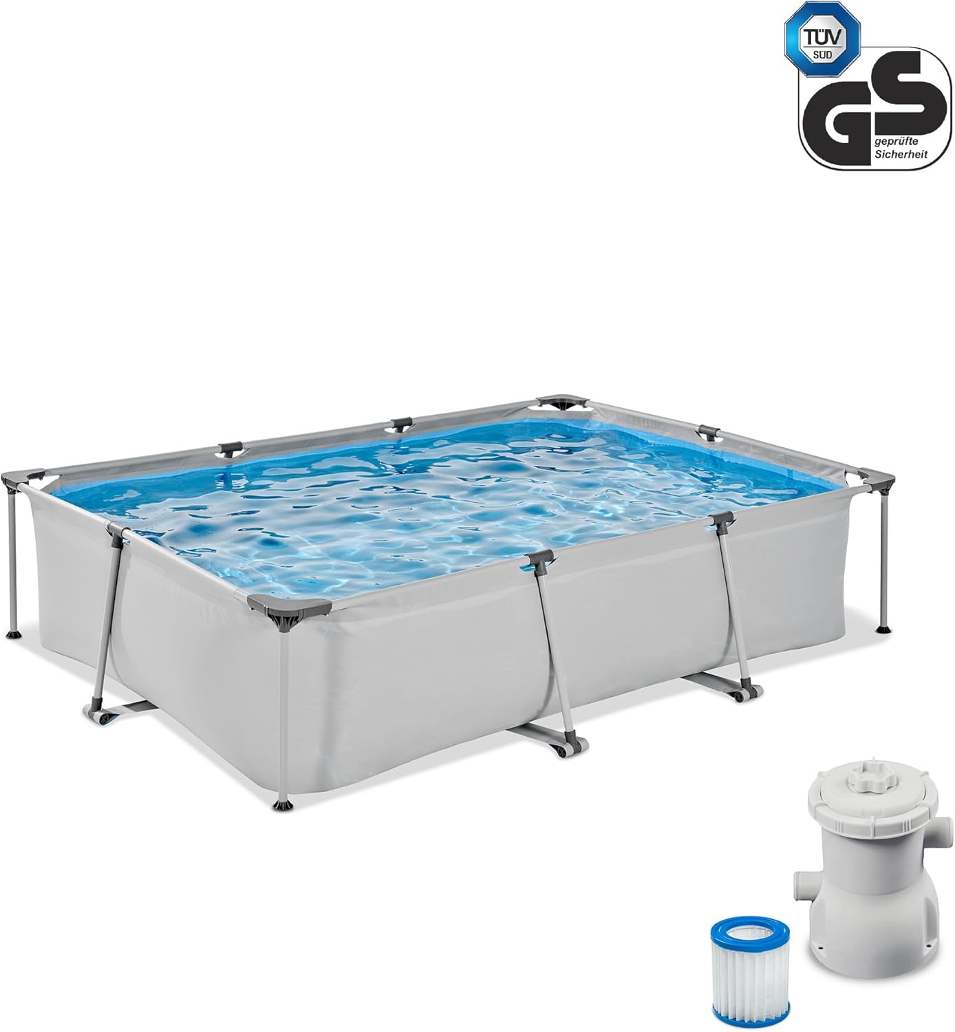 karaca-alisveris Piscine Soft Grey - 300x200x65cm - Piscine Hors Sol Rectangulaire avec Pompe Filtrante à Cartouche - Entrée Basse - pour Les Jeunes Enfants - Cadre Stable - Design Unique - Gris