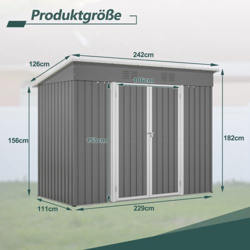 Abri de jardin en métal - 2,4 x 1,2 m - Gris - Résistant aux intempéries - Verrouillable avec base en métal - Pour outils de jardin et terrasse extérieure