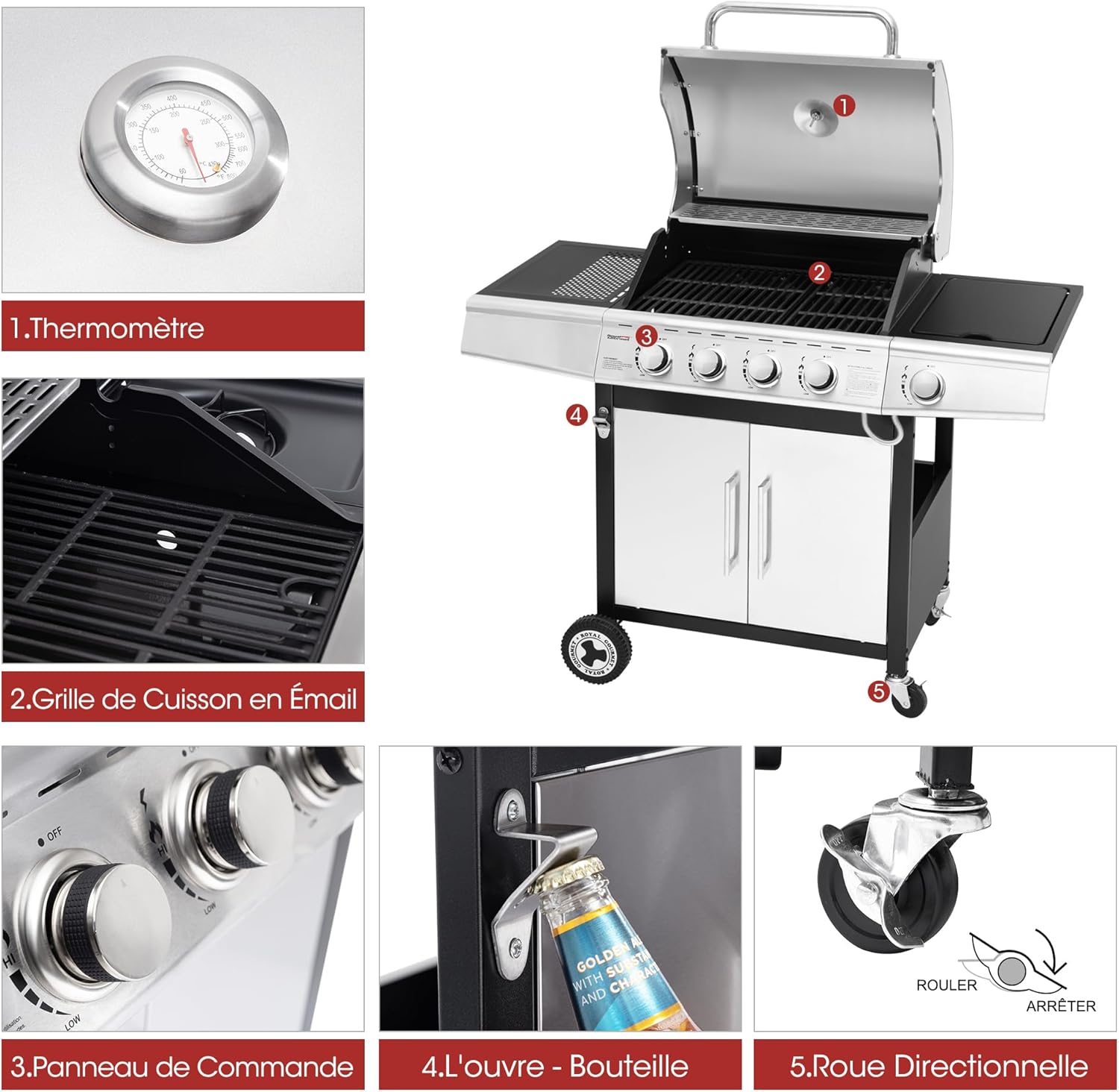 karaca-alisveris - Barbecue Gaz 4+1 brûleurs inox - 14,5kW - 2 portes, thermomètre, roues directionnelles