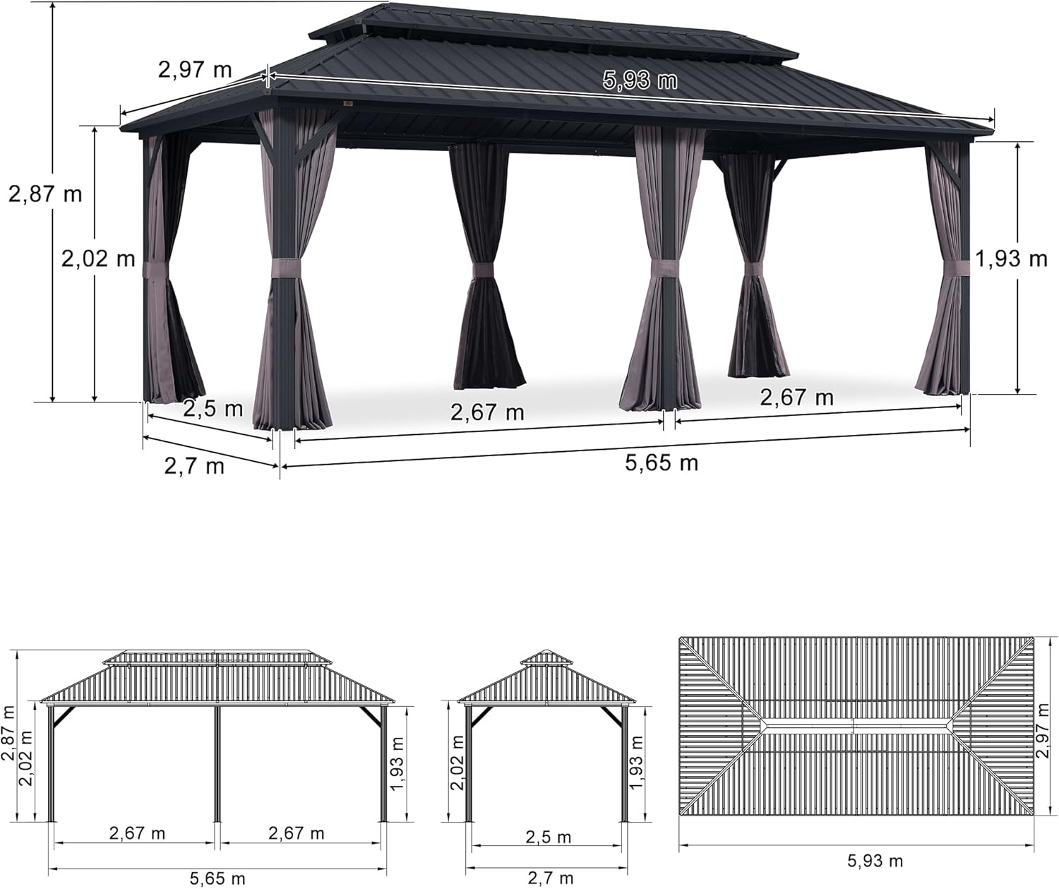 karaca-alisveris - pergola double toit 6x3m, alu & acier, rideaux & moustiquaire