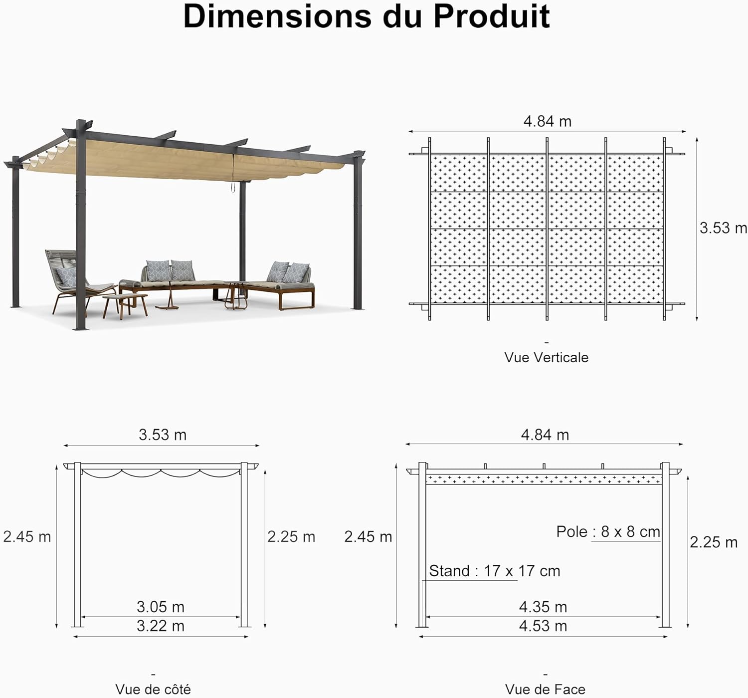 karaca-alisveris - pergola aluminium série LED - 4,8x3,5 m - toit rétractable, structure résistante, kaki