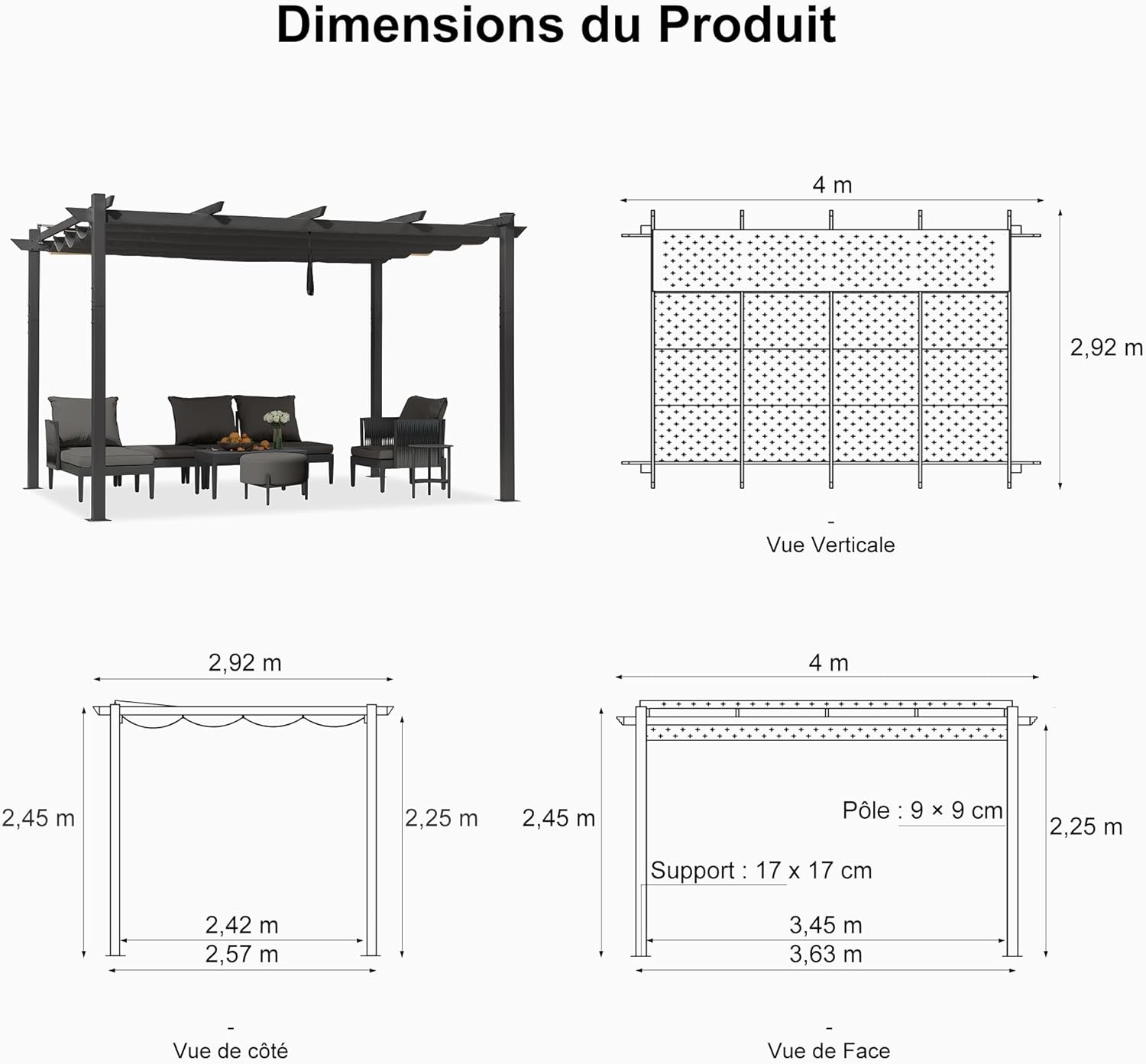 karaca-alisveris - Pergola aluminium série - 4x3m - toit rétractable, imperméable, gris