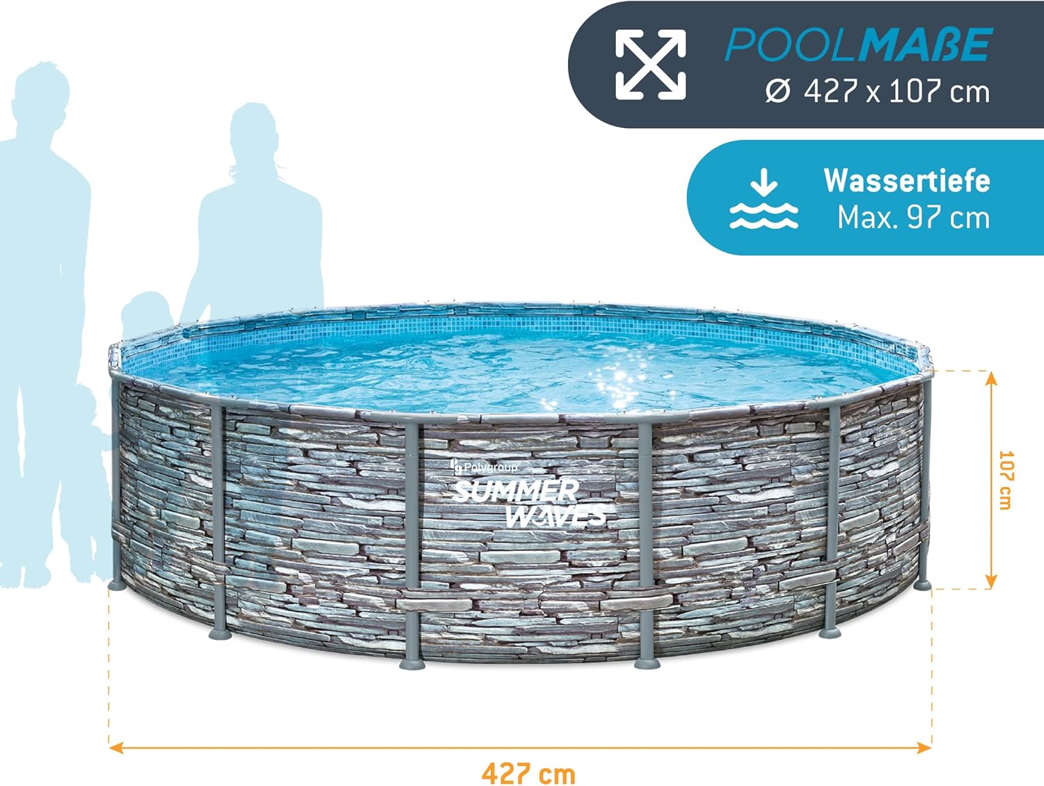 karaca-alisveris - Frame Pool Kit rond - 427x107 cm - aspect pierre grise, pompe à filtre