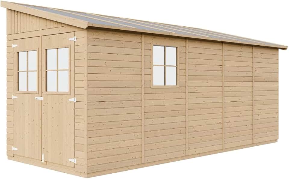 karaca-alisveris M341 Abri de Jardin en Bois Naturel (sans paroi latérale)- Stockage extérieur avec fenêtres- H244x216x513 cm/10 m2, Hangar en Bois Naturel - Atelier Rangement Outils et vélos The Forest Stewardship Council