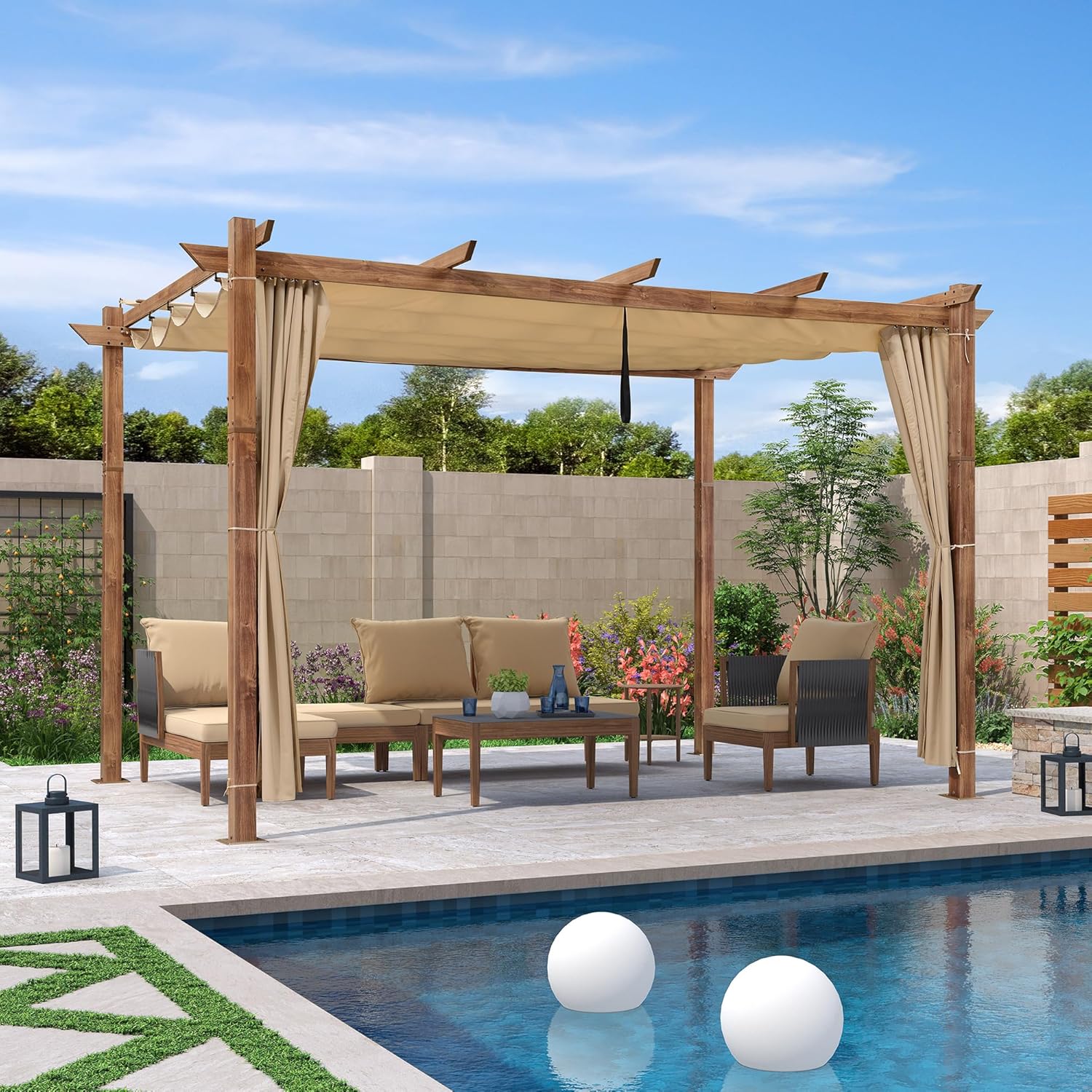 karaca-alisveris - Pergola alu finition teck 4x3m - toile rétractable, rideau, kaki