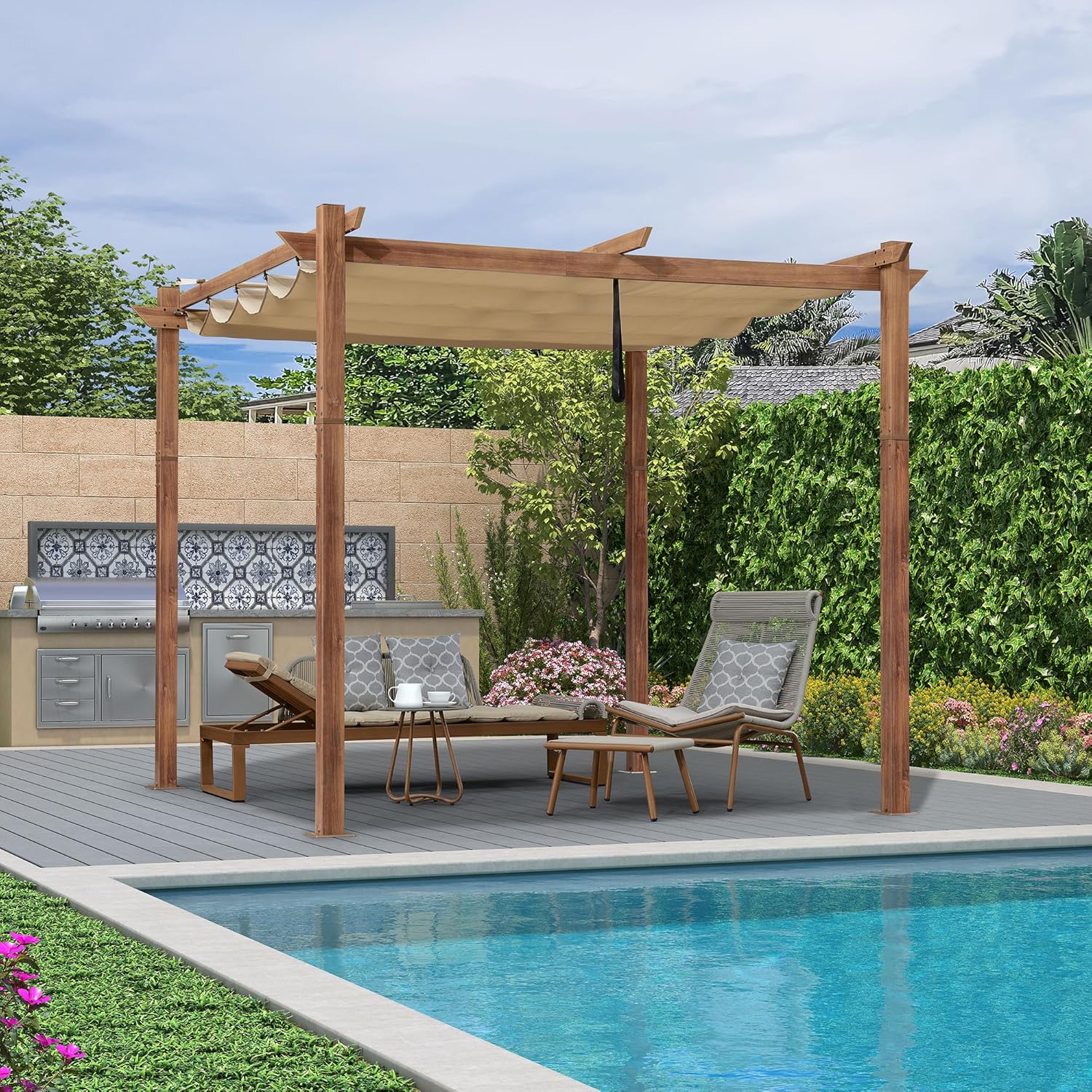 karaca-alisveris - pergola aluminium - 3x3m - teck, toile rétractable, kaki