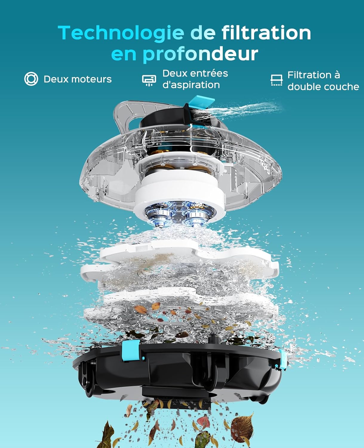 Winny - Robot piscine sans fil, 80 min d'autonomie, double filtration, 60m² - Winny200P