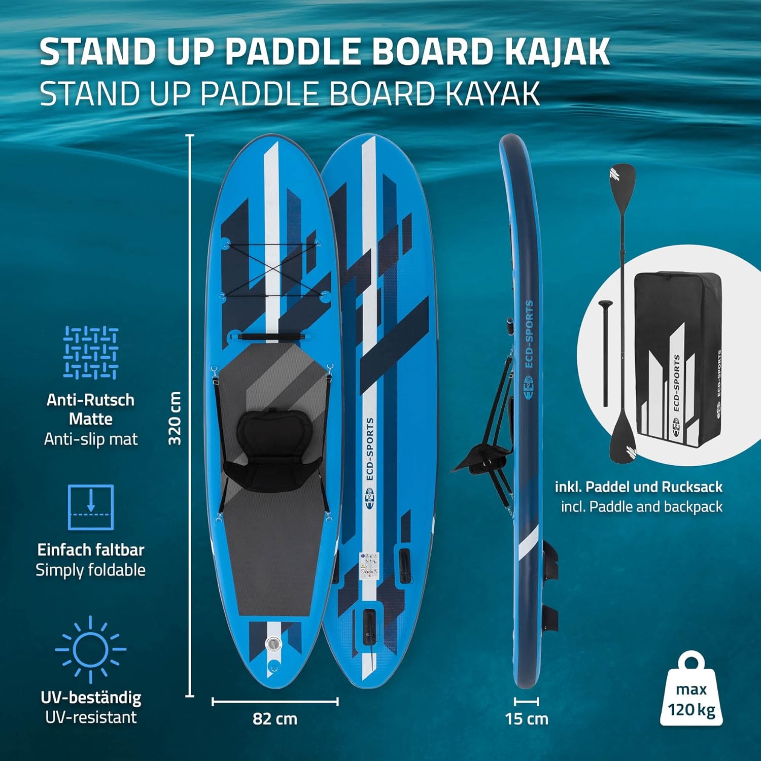 karaca-alisveris Stand Up Surf Paddle Board Gonflable 305/308/320/380 cm | PVC | jusqu'à 120/150 kg | Épaisseur 10/15 cm | Planche de Surf Pagaie Sac de Transport Pompe à Air | Diverses Couleurs Modèles