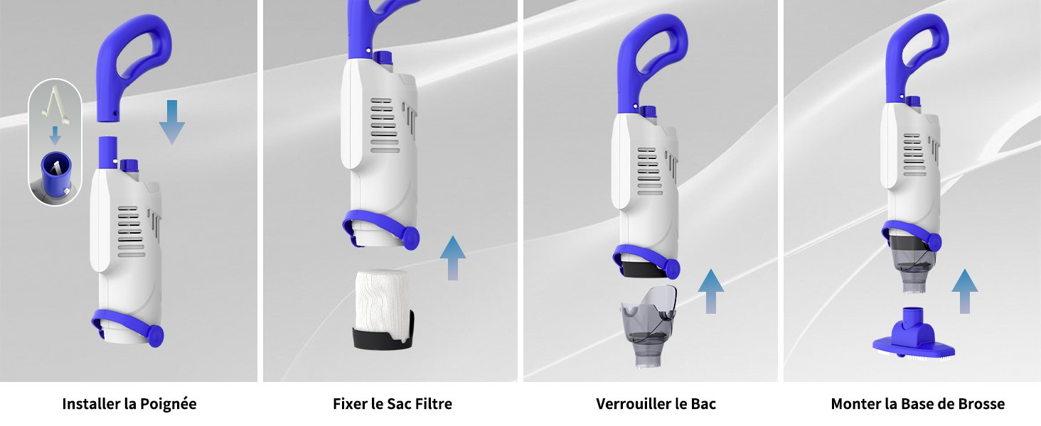 Schéma d'instructions illustrant les quatre étapes d'utilisation du produit avec des flèches bleues indiquant la direction du mouvement. Dispositif cylindrique blanc représenté dans différentes positions illustrant la séquence d'application.