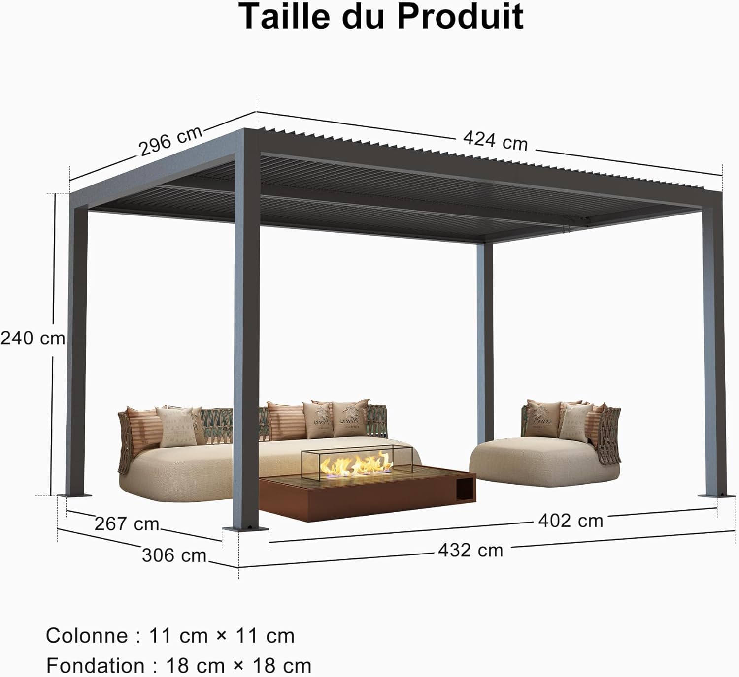 karaca-alisveris - Pergola bioclimatique 4,24x3m, aluminium, lames orientables, éclairage extérieur, 12,72m², Gris