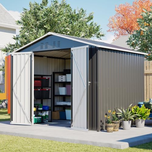 Gartenhaus en métal, abri de jardin 240x192x191 cm, avec porte coulissante et 4 aérations, abri de jardin verrouillable et résistant aux intempéries, pour stockage de jardin et vélos, Noir