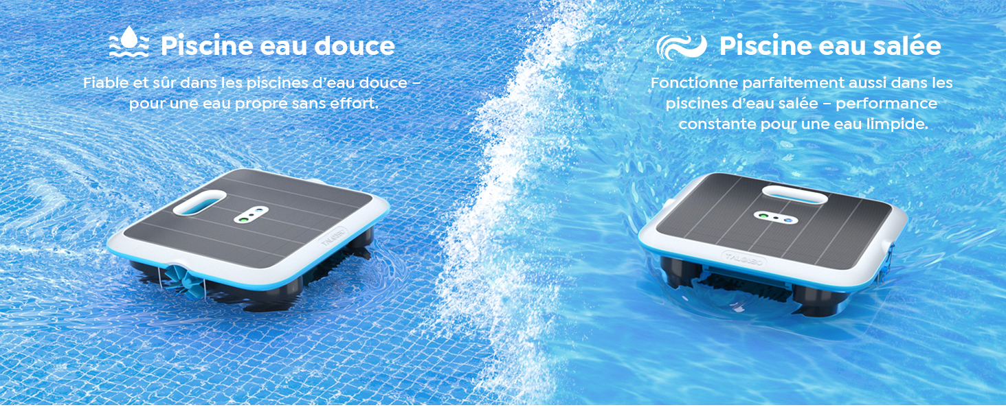 Le texte se lit comme suit : « Piscine eau douce » et « Piscine eau salée ». Plusieurs vues d'un appareil électronique blanc flottant sur la surface bleue de l'eau d'une piscine.