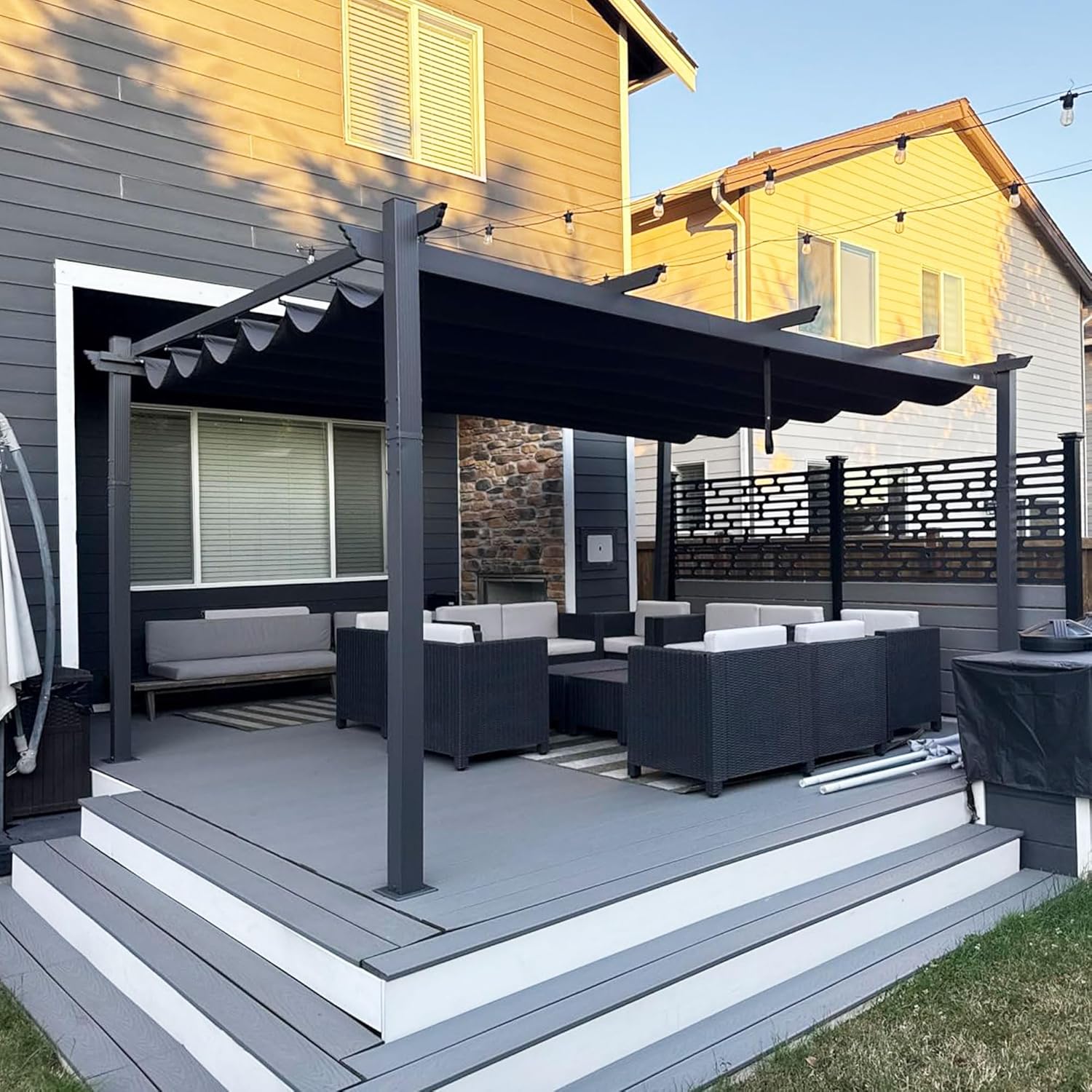 karaca-alisveris - Pergola aluminium - 4x3,2m - LED, toit rétractable, toile teintée