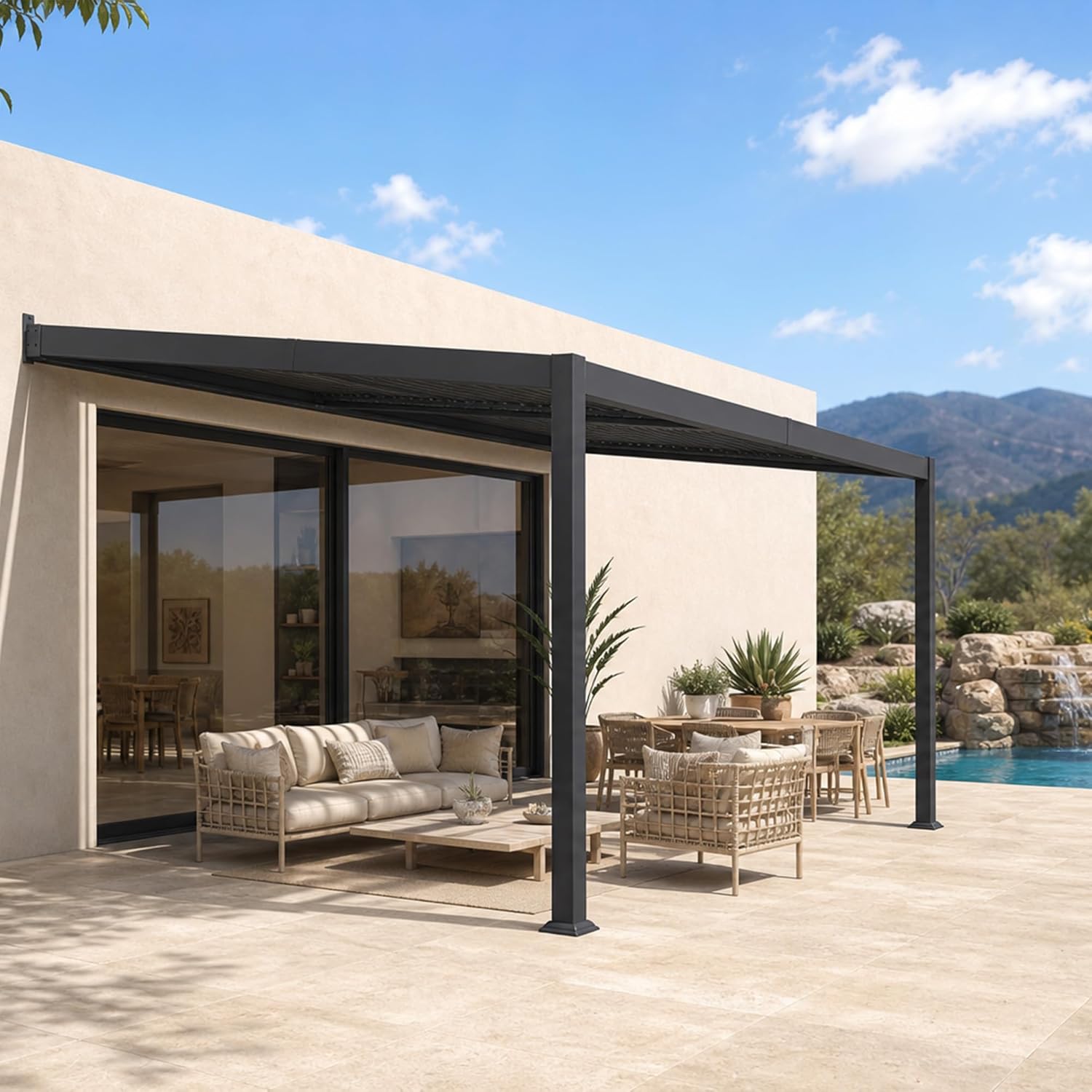 karaca-alisveris - pergola bioclimatique adossée - 2,5x3,65m - aluminium, lames orientables, imperméable, gain de place