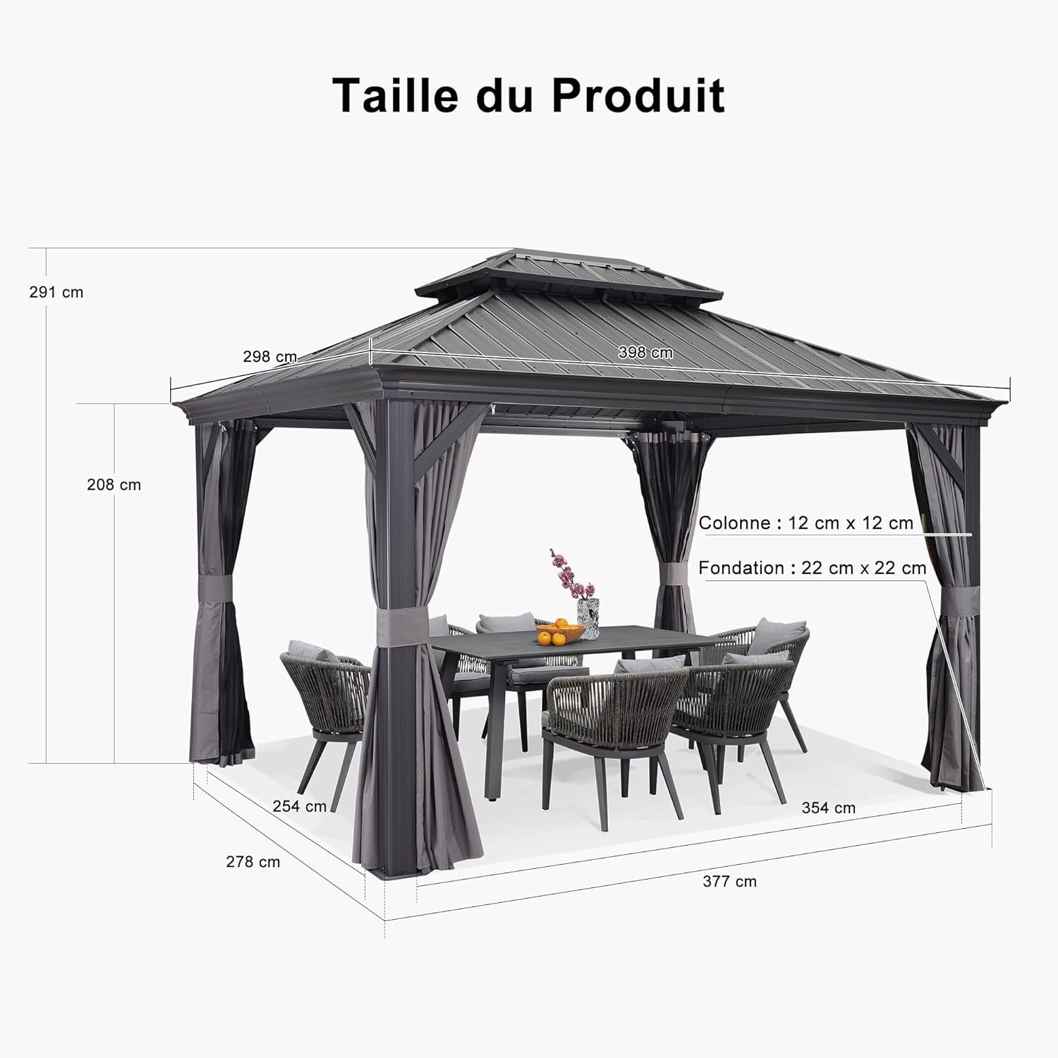 karaca-alisveris - tonnelle jardin série toit rigide - 3,65x3m - acier galvanisé, gouttière, rideaux épais