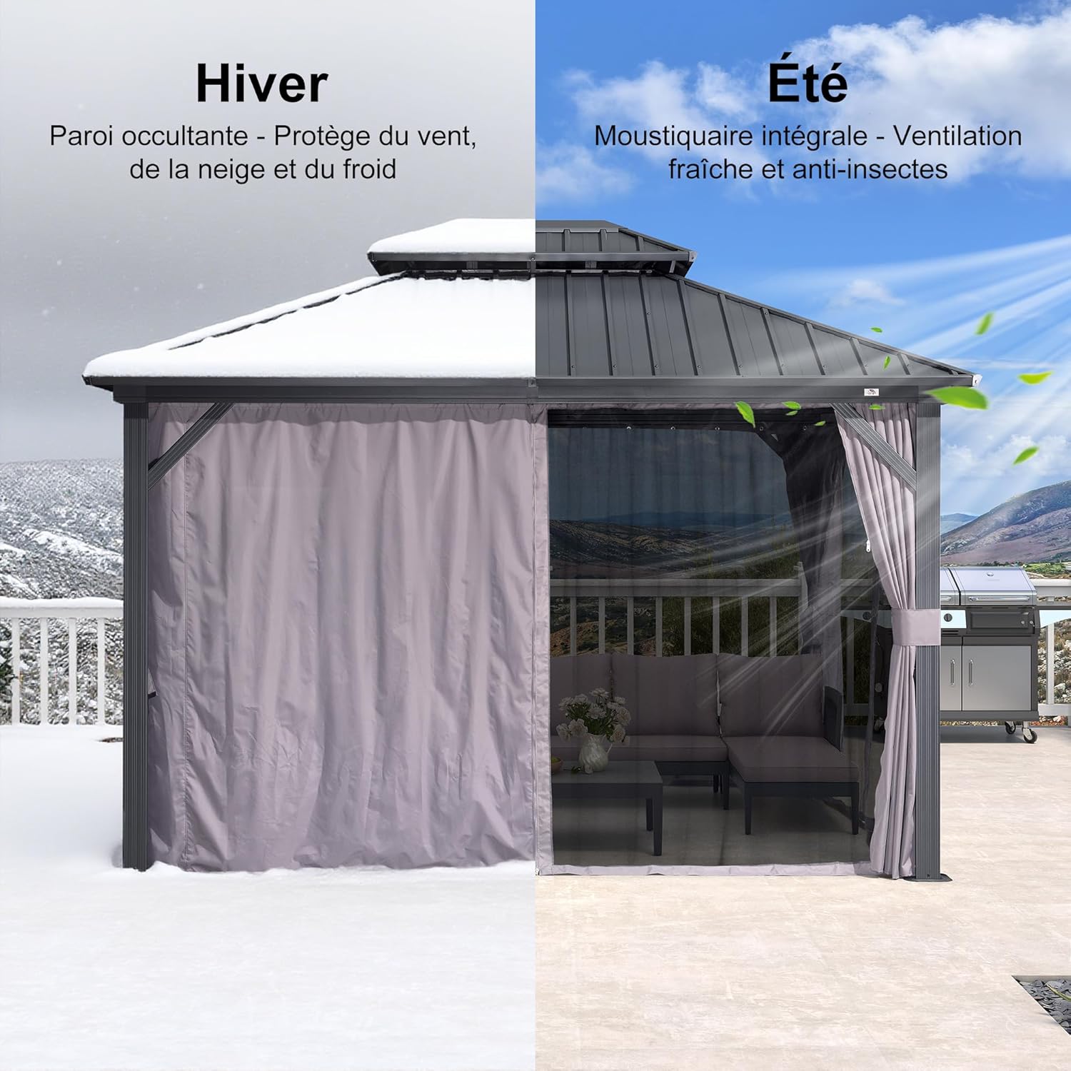karaca-alisveris - Pergola aluminium double toit 3,65x3m rideaux moustiquaire