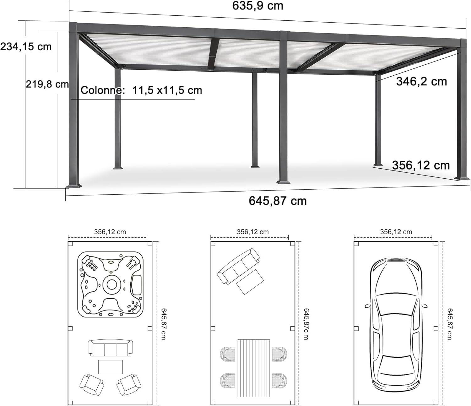 karaca-alisveris - Pergola Bioclimatique - 6,35x3,5m - Aluminium, éclairage, lames orientables, poteaux blancs
