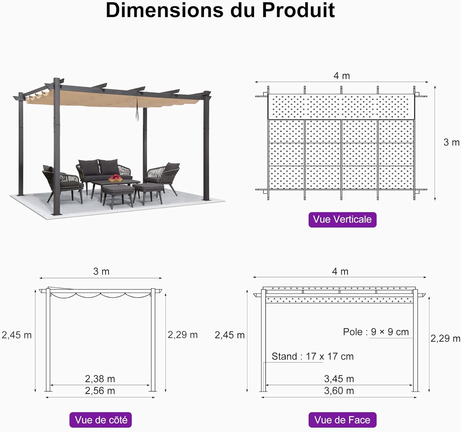karaca-alisveris - Pergola Aluminium - 4x3m - Toit coulissant, tissu kaki